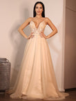 A-Linie/Princess-Linie Spitze Applikationen V-Ausschnitt Ärmellos Sweep/Pinsel zug Brautkleider Champagner Brautkleider