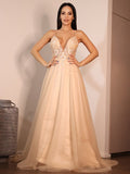 A-Linie/Princess-Linie Spitze Applikationen V-Ausschnitt Ärmellos Sweep/Pinsel zug Brautkleider Champagner Brautkleider