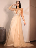 A-Linie/Princess-Linie Spitze Applikationen V-Ausschnitt Ärmellos Sweep/Pinsel zug Brautkleider Champagner Brautkleider