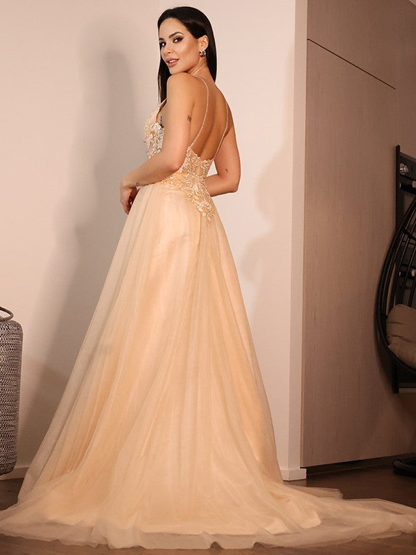 A-Linie/Princess-Linie Spitze Applikationen V-Ausschnitt Ärmellos Sweep/Pinsel zug Brautkleider Champagner Brautkleider