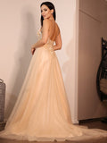 A-Linie/Princess-Linie Spitze Applikationen V-Ausschnitt Ärmellos Sweep/Pinsel zug Brautkleider Champagner Brautkleider