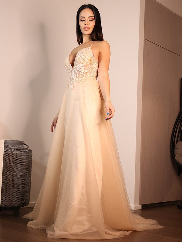 A-Linie/Princess-Linie Spitze Applikationen V-Ausschnitt Ärmellos Sweep/Pinsel zug Brautkleider Champagner Brautkleider