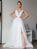 A-Line/Princess Lace Ruffles V-neck Sleeveless Sweep/Brush Train Wedding Dresses Bridal Gowns
