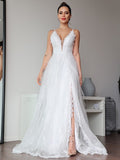 A-Line/Princess Lace Ruffles V-neck Sleeveless Sweep/Brush Train Wedding Dresses Bridal Gowns