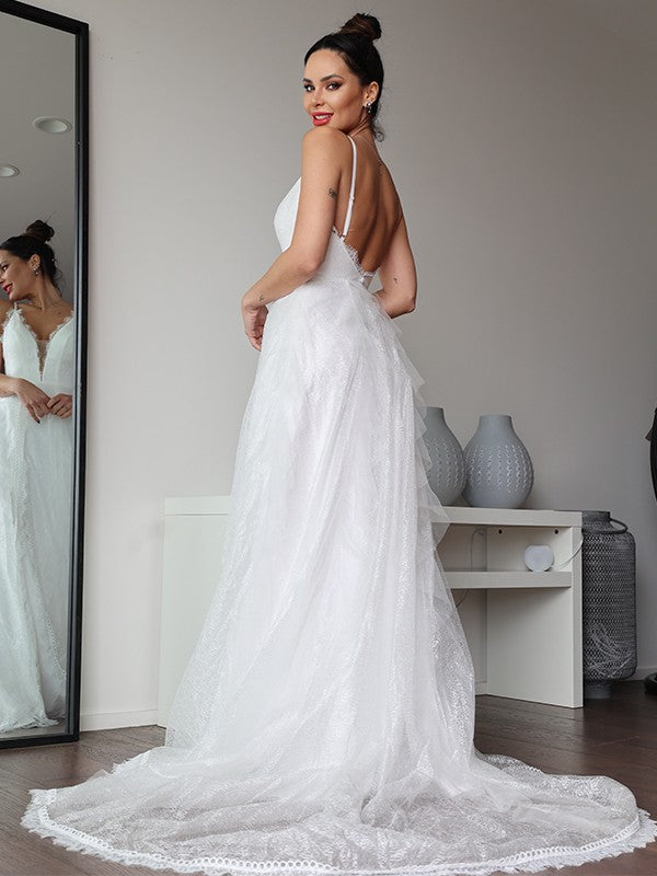 A-Line/Princess Lace Ruffles V-neck Sleeveless Sweep/Brush Train Wedding Dresses Bridal Gowns