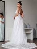 A-Line/Princess Lace Ruffles V-neck Sleeveless Sweep/Brush Train Wedding Dresses Bridal Gowns