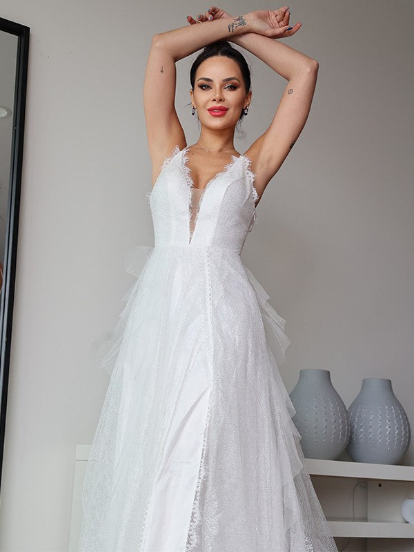A-Line/Princess Lace Ruffles V-neck Sleeveless Sweep/Brush Train Wedding Dresses Bridal Gowns