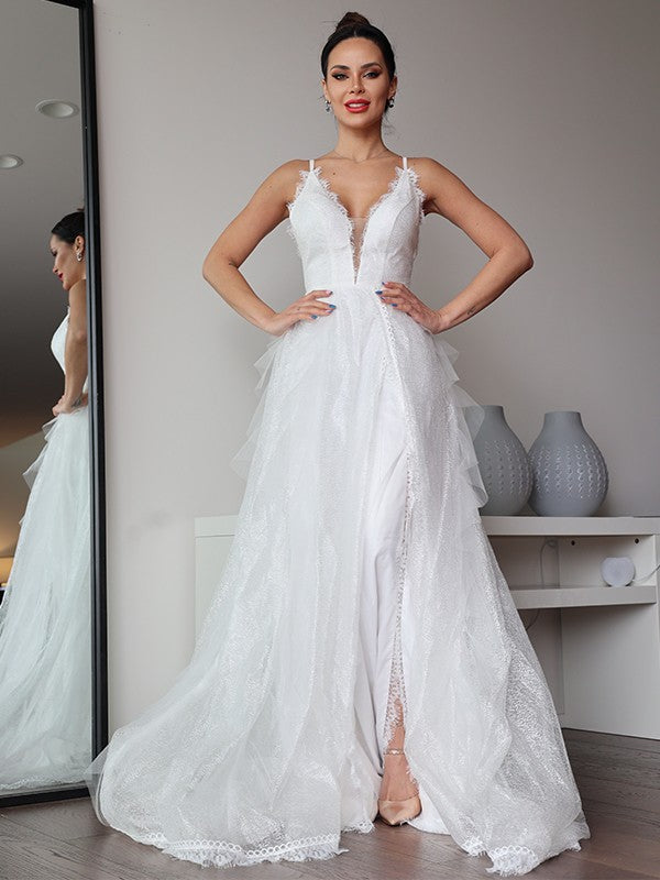 A-Line/Princess Lace Ruffles V-neck Sleeveless Sweep/Brush Train Wedding Dresses Bridal Gowns