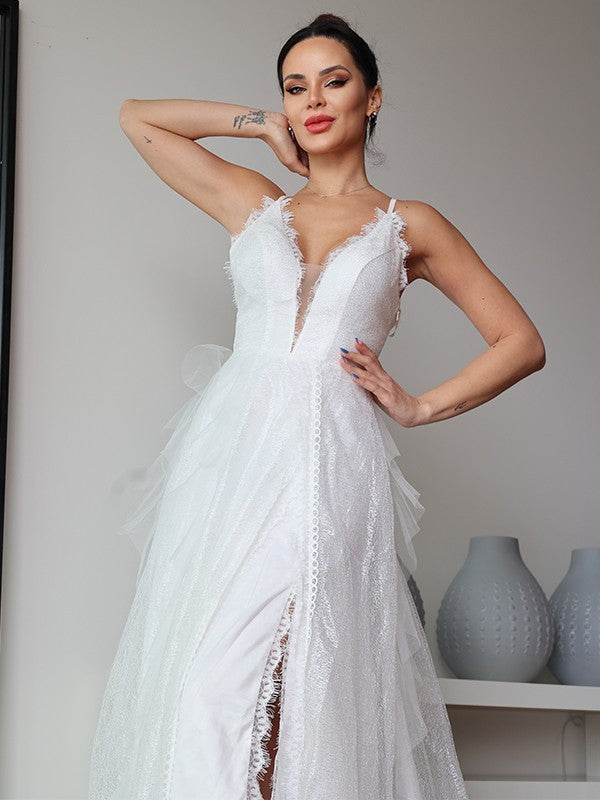 A-Line/Princess Lace Ruffles V-neck Sleeveless Sweep/Brush Train Wedding Dresses Bridal Gowns