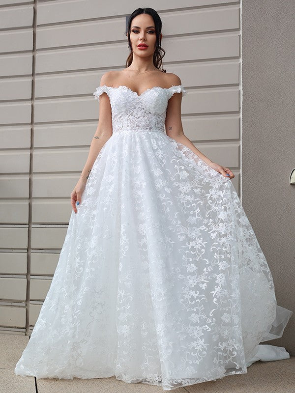A-Linie/Princess-Linie Tüll Applikationen Schulterfrei Ärmellos Sweep/Pinsel zug Brautkleider