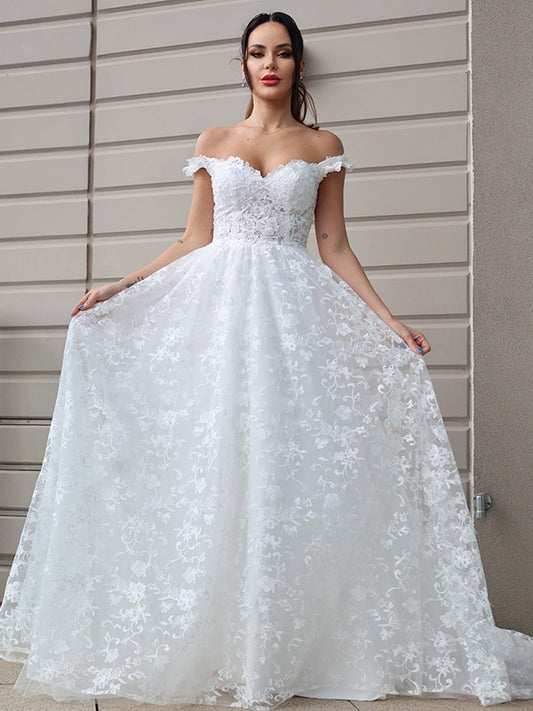 A-Linie/Princess-Linie Tüll Applikationen Schulterfrei Ärmellos Sweep/Pinsel zug Brautkleider