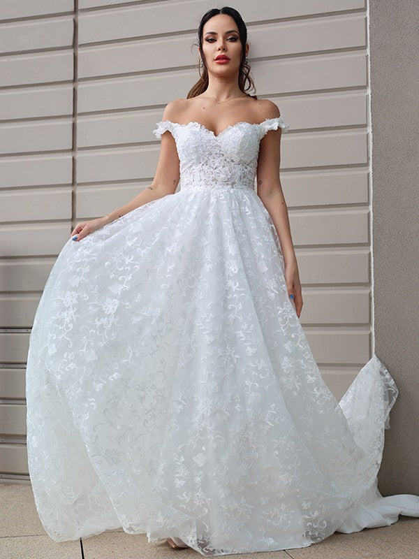 A-Linie/Princess-Linie Tüll Applikationen Schulterfrei Ärmellos Sweep/Pinsel zug Brautkleider
