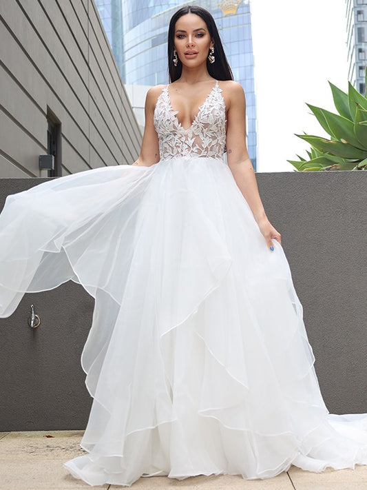 Vestidos de novia de corte A/princesa, con encaje, volantes, escote en V, sin mangas, con cola larga