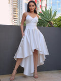 A-Line/Princess Satin Ruched V-neck Sleeveless Asymmetrical Wedding Dresses Bridal Gowns