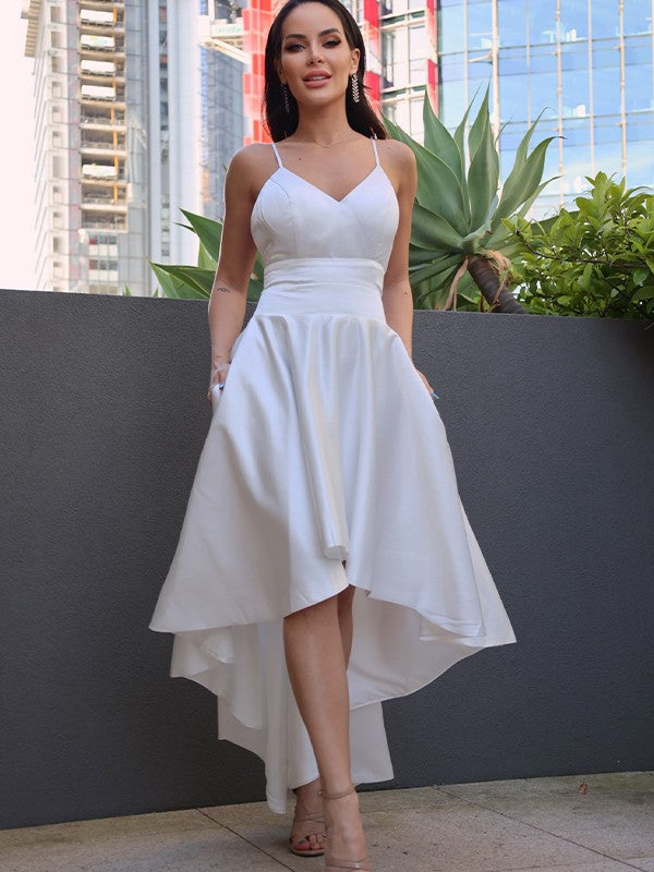 A-Line/Princess Satin Ruched V-neck Sleeveless Asymmetrical Wedding Dresses Bridal Gowns