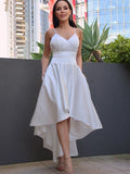 A-Line/Princess Satin Ruched V-neck Sleeveless Asymmetrical Wedding Dresses Bridal Gowns