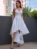 A-Line/Princess Satin Ruched V-neck Sleeveless Asymmetrical Wedding Dresses Bridal Gowns