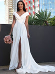 A-Line/Princess Stretch Crepe Ruffles V-neck Short Sleeves Sweep/Brush Train Wedding Dresses Bridal Gowns