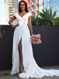 A-Line/Princess Stretch Crepe Ruffles V-neck Short Sleeves Sweep/Brush Train Wedding Dresses Bridal Gowns