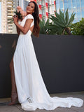 A-Line/Princess Stretch Crepe Ruffles V-neck Short Sleeves Sweep/Brush Train Wedding Dresses Bridal Gowns