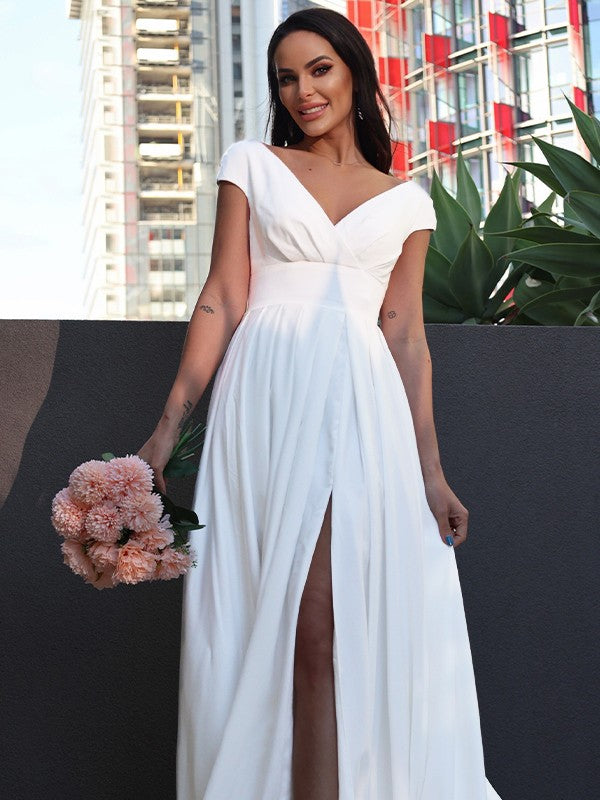 A-Line/Princess Stretch Crepe Ruffles V-neck Short Sleeves Sweep/Brush Train Wedding Dresses Bridal Gowns