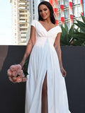 A-Line/Princess Stretch Crepe Ruffles V-neck Short Sleeves Sweep/Brush Train Wedding Dresses Bridal Gowns
