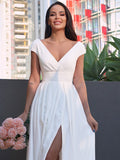 A-Line/Princess Stretch Crepe Ruffles V-neck Short Sleeves Sweep/Brush Train Wedding Dresses Bridal Gowns