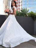 A-Line/Princess Stretch Crepe Ruffles V-neck Short Sleeves Sweep/Brush Train Wedding Dresses Bridal Gowns