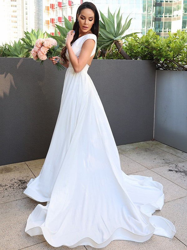 A-Line/Princess Stretch Crepe Ruffles V-neck Short Sleeves Sweep/Brush Train Wedding Dresses Bridal Gowns
