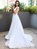 A-Line/Princess Stretch Crepe Ruffles V-neck Short Sleeves Sweep/Brush Train Wedding Dresses Bridal Gowns