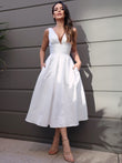 A-Line/Princess Satin Ruched V-neck Sleeveless Tea-Length Wedding Dresses Bridal Gowns