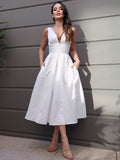 A-Line/Princess Satin Ruched V-neck Sleeveless Tea-Length Wedding Dresses Bridal Gowns