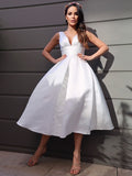 A-Line/Princess Satin Ruched V-neck Sleeveless Tea-Length Wedding Dresses Bridal Gowns