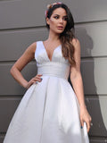 A-Line/Princess Satin Ruched V-neck Sleeveless Tea-Length Wedding Dresses Bridal Gowns