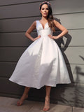 A-Line/Princess Satin Ruched V-neck Sleeveless Tea-Length Wedding Dresses Bridal Gowns
