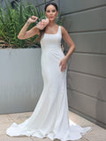 Sheath/Column Stretch Crepe Ruffles Straps Sleeveless Sweep/Brush Train Wedding Dresses Bridal Gowns