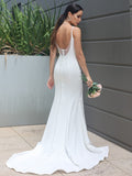 Sheath/Column Stretch Crepe Ruffles Straps Sleeveless Sweep/Brush Train Wedding Dresses Bridal Gowns