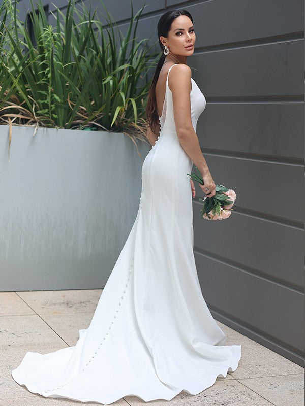 Sheath/Column Stretch Crepe Ruffles Straps Sleeveless Sweep/Brush Train Wedding Dresses Bridal Gowns