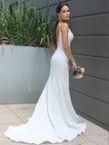 Sheath/Column Stretch Crepe Ruffles Straps Sleeveless Sweep/Brush Train Wedding Dresses Bridal Gowns