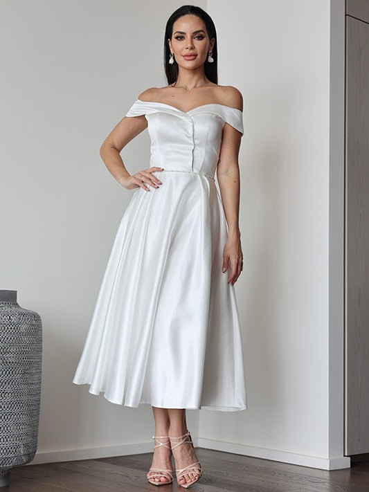 A-Linie/Princess-Linie Satin Rüschen Off-the-Shoulder Ärmellos Wadenlang Brautkleider Brautkleider