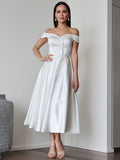 A-Linie/Princess-Linie Satin Rüschen Off-the-Shoulder Ärmellos Wadenlang Brautkleider Brautkleider