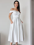 A-Linie/Princess-Linie Satin Rüschen Off-the-Shoulder Ärmellos Wadenlang Brautkleider Brautkleider