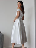A-Linie/Princess-Linie Satin Rüschen Off-the-Shoulder Ärmellos Wadenlang Brautkleider Brautkleider
