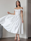 A-Linie/Princess-Linie Satin Rüschen Off-the-Shoulder Ärmellos Wadenlang Brautkleider Brautkleider