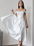 A-Linie/Princess-Linie Satin Rüschen Off-the-Shoulder Ärmellos Wadenlang Brautkleider Brautkleider