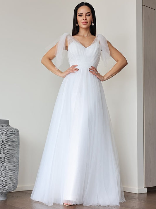 A-Linie/Princess-Linie Tüll Rüschen V-Ausschnitt Ärmellos Bodenlang Brautkleider