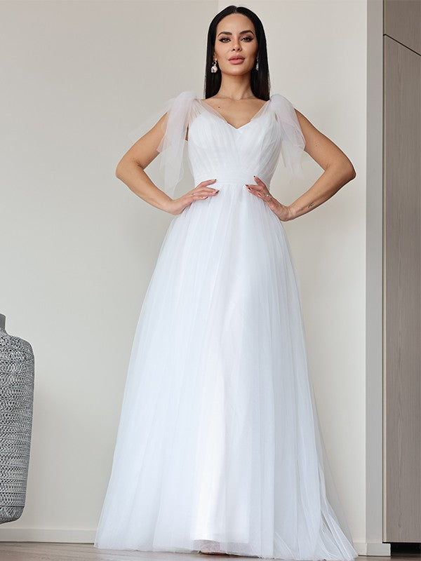 A-Linie/Princess-Linie Tüll Rüschen V-Ausschnitt Ärmellos Bodenlang Brautkleider