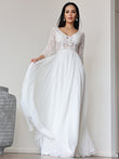 A-Linie/Princess-Linie Chiffon Spitze V-Ausschnitt 3/4 Ärmel Bodenlang Brautkleider Brautkleider