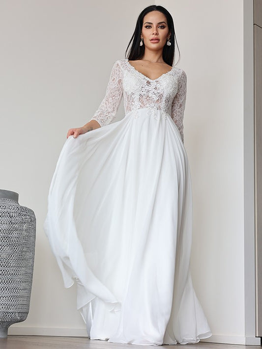 A-Linie/Princess-Linie Chiffon Spitze V-Ausschnitt 3/4 Ärmel Bodenlang Brautkleider Brautkleider