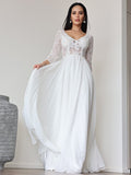 A-Linie/Princess-Linie Chiffon Spitze V-Ausschnitt 3/4 Ärmel Bodenlang Brautkleider Brautkleider